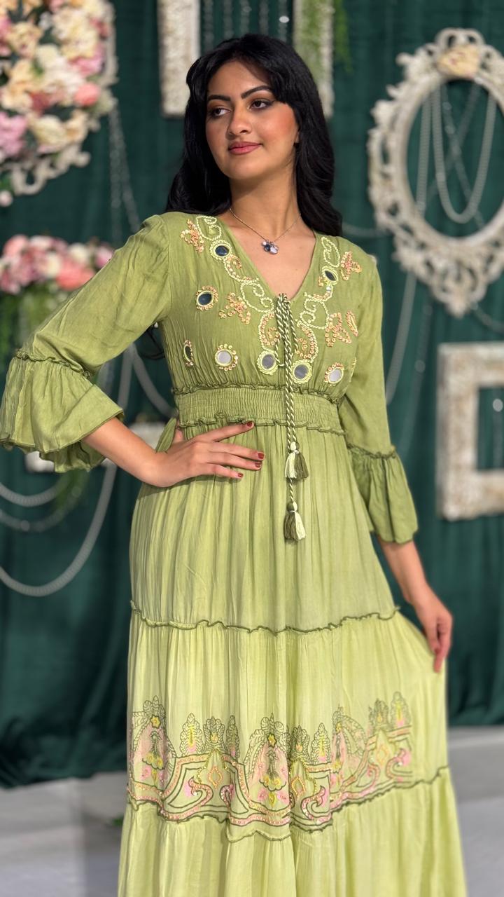 Olive Bloom Embroidered Dress