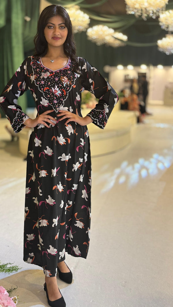 Floral Charm Embellished Black Dress