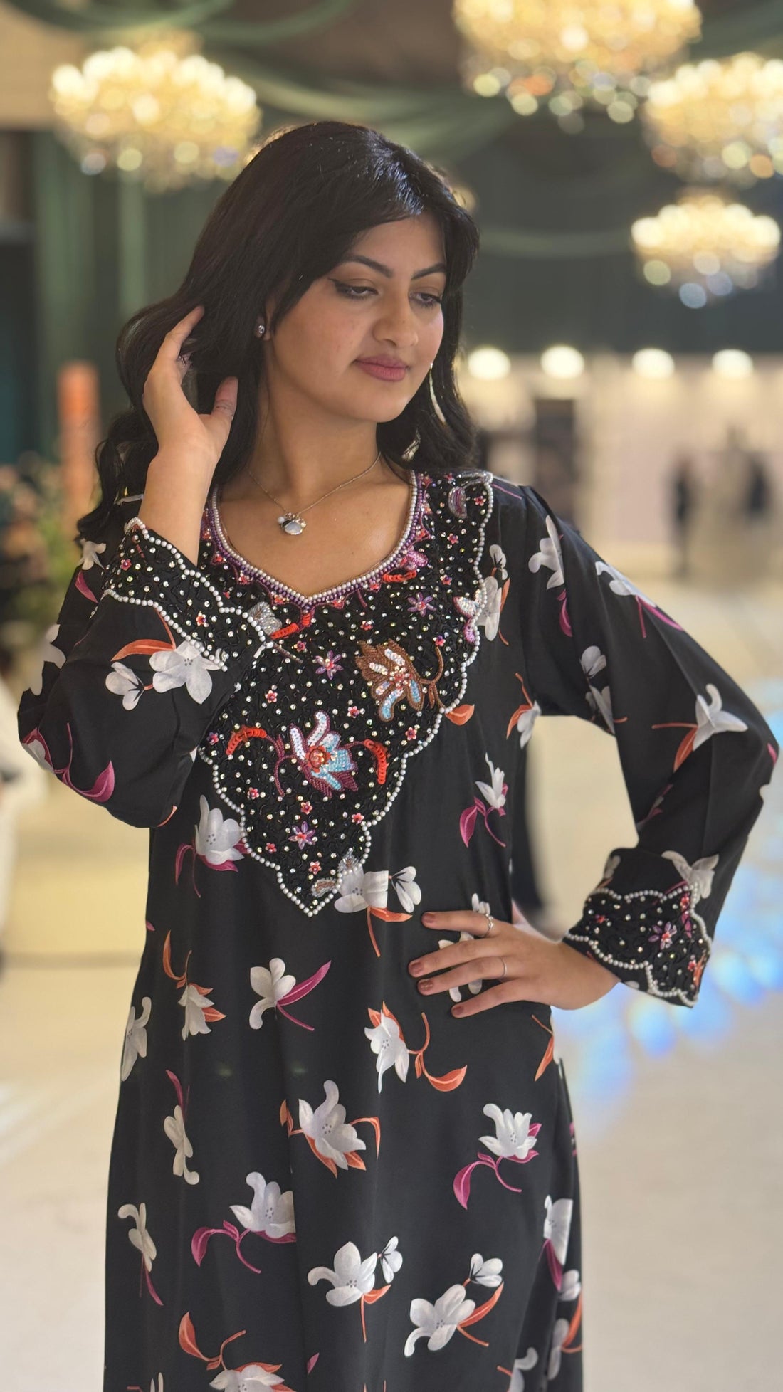 Floral Charm Embellished Black Dress