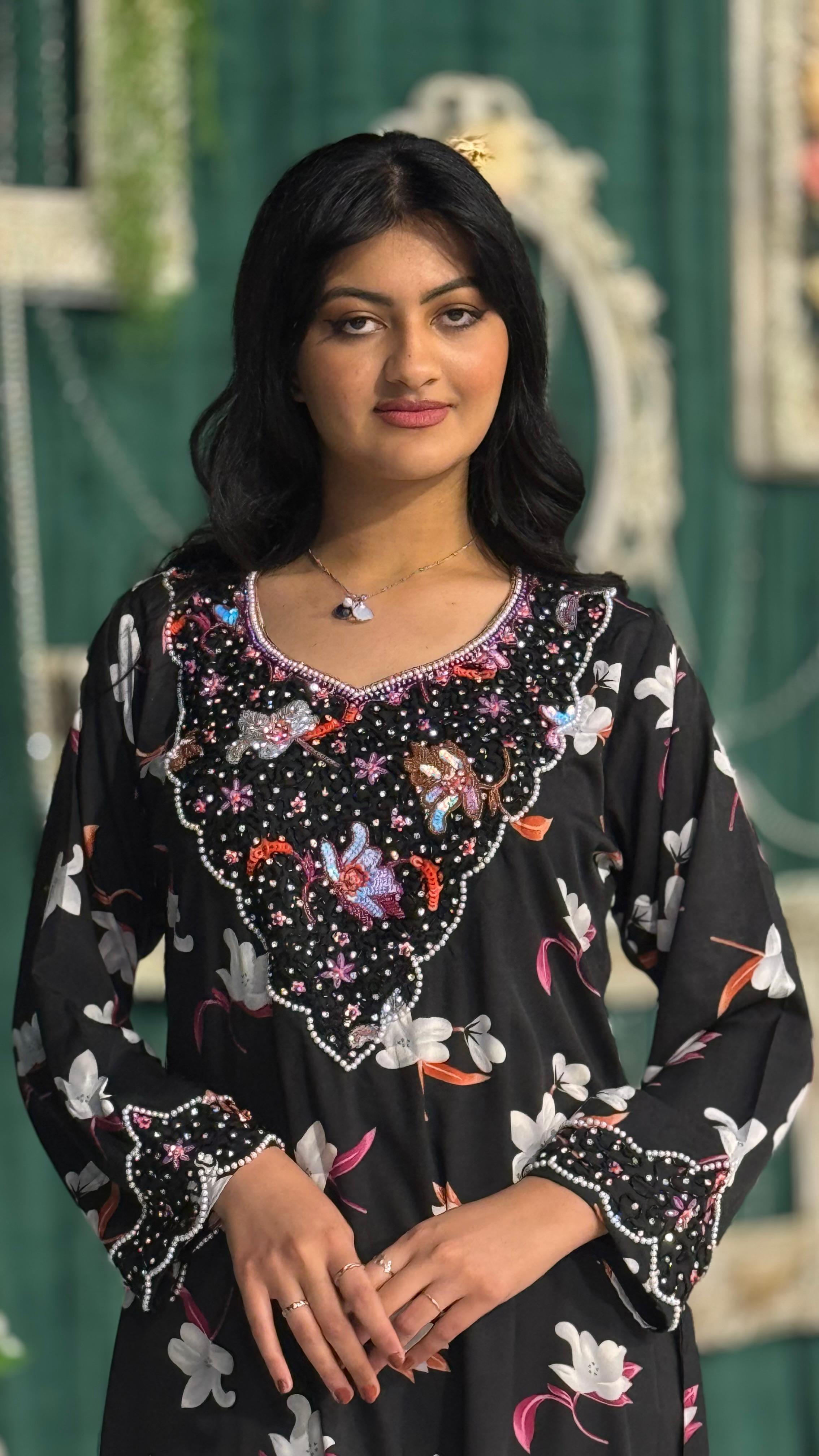 Floral Charm Embellished Black Dress