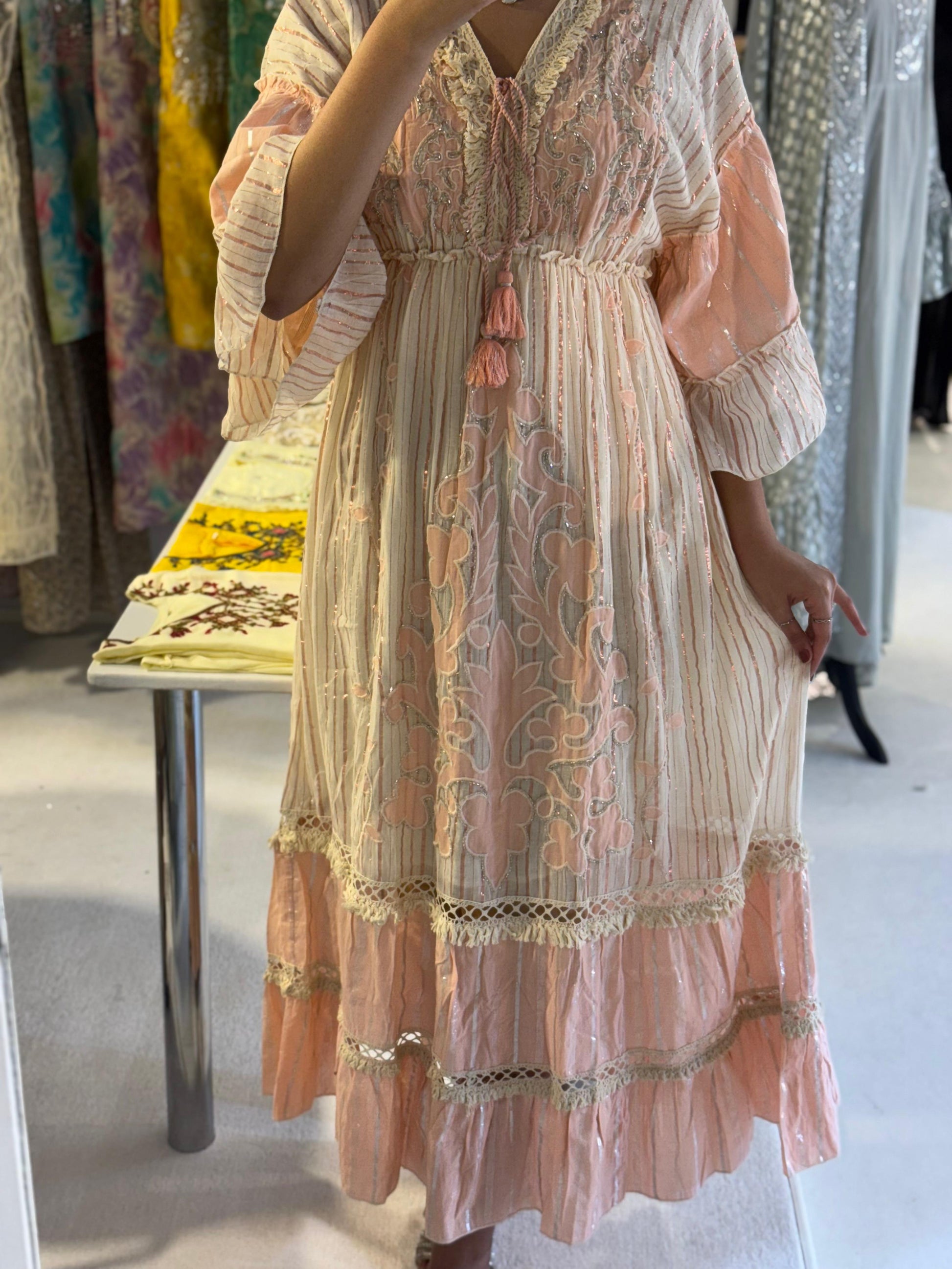 dahlia midi dress spell Blush Pink Tiered Dress – ASHOOQI