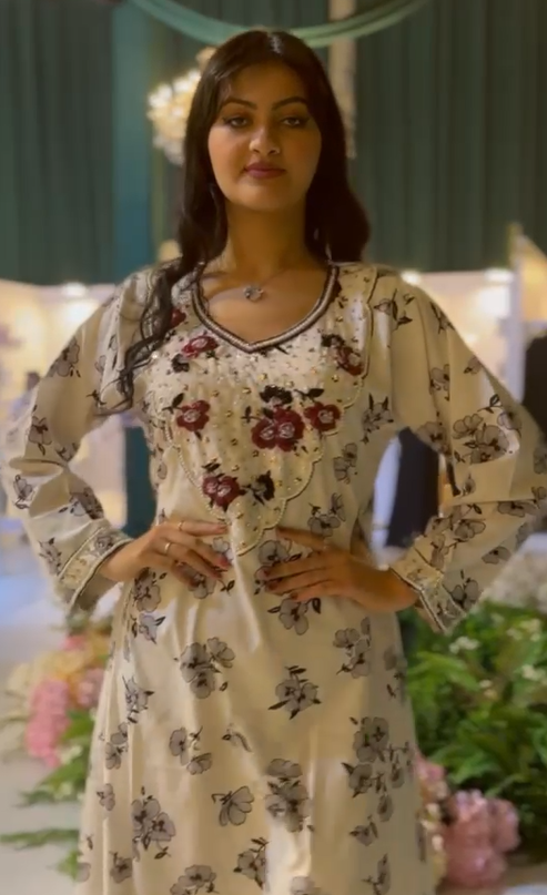Cotton Hareer Printed Dress – Elegant Floral With Hand-Embroidery