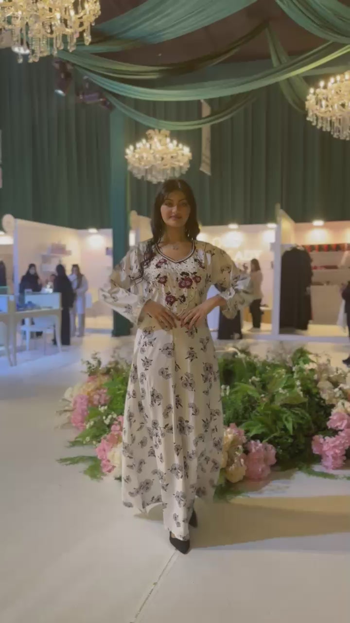 Cotton Hareer Printed Dress – Elegant Floral With Hand-Embroidery