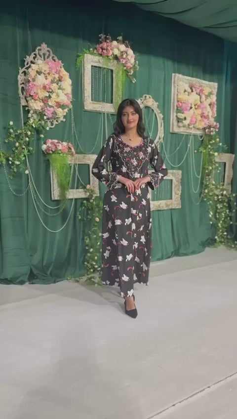Floral Charm Embellished Black Dress