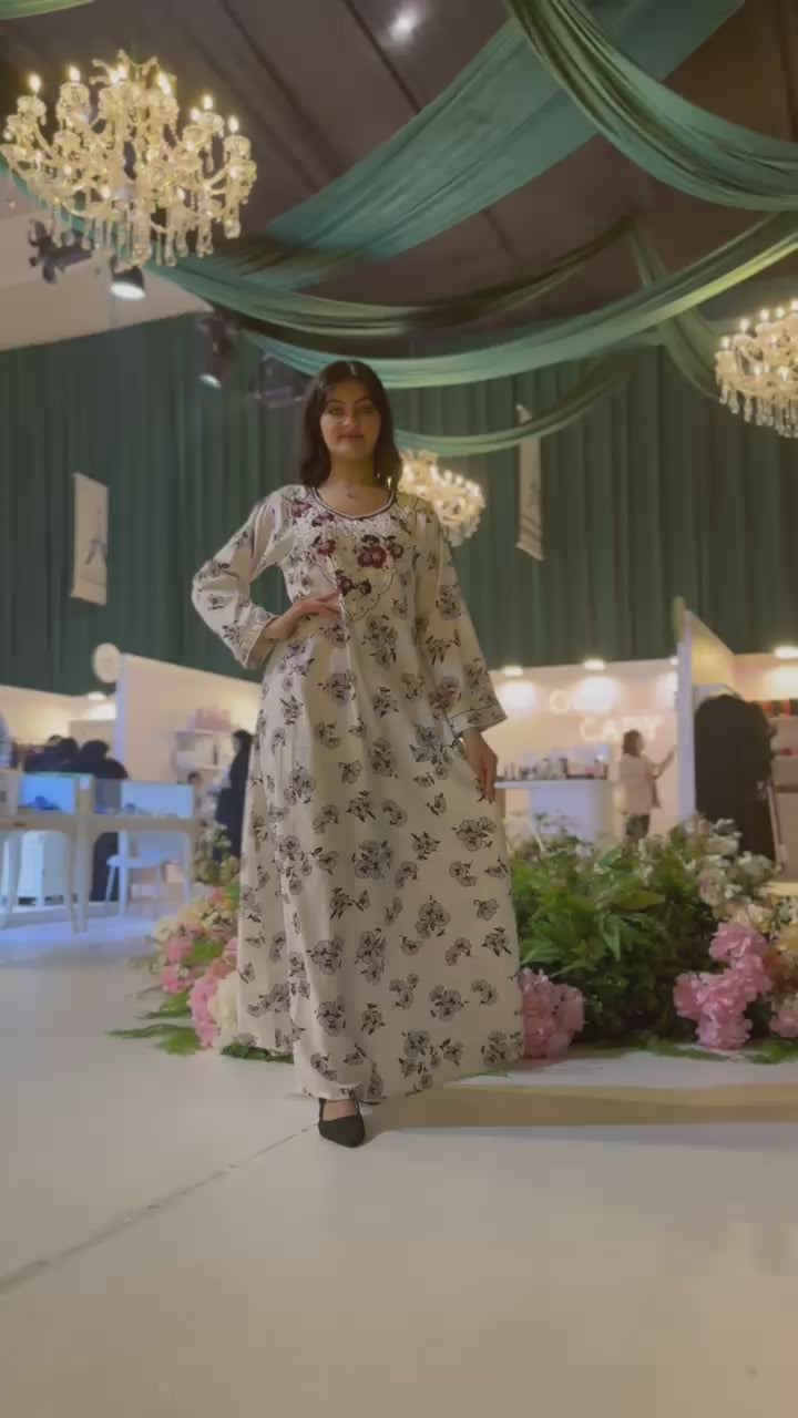 Cotton Hareer Printed Dress – Elegant Floral With Hand-Embroidery